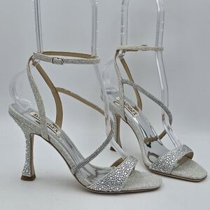 Badgley Mischka Sally Curvy Heel Stiletto Heel Sandals, Silver, Women's Size 6.5